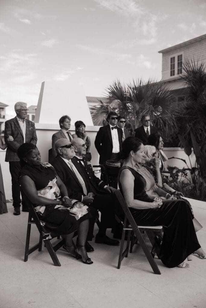 Backyard beach wedding ceremony in Rosemary Beach, Florida with ocean views and intimate guest seating