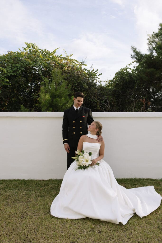 Bride and groom portraits at a backyard beach wedding in Rosemary Beach, Florida