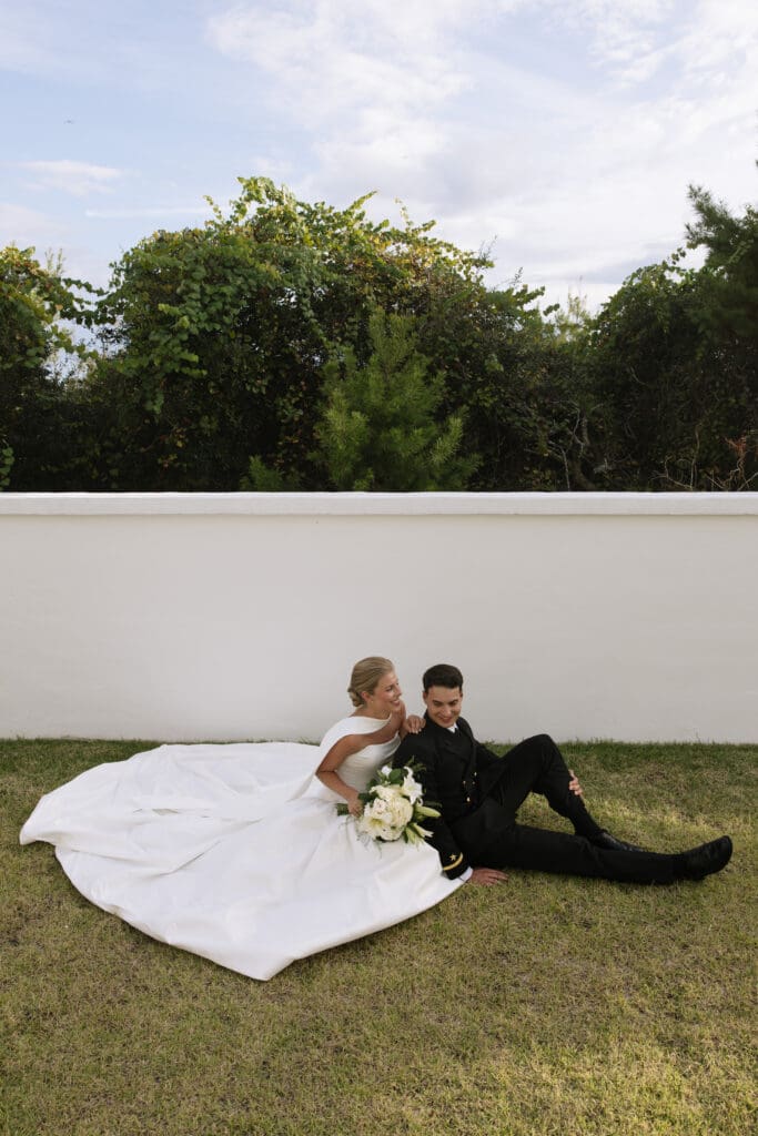Bride and groom portraits at a backyard beach wedding in Rosemary Beach, Florida