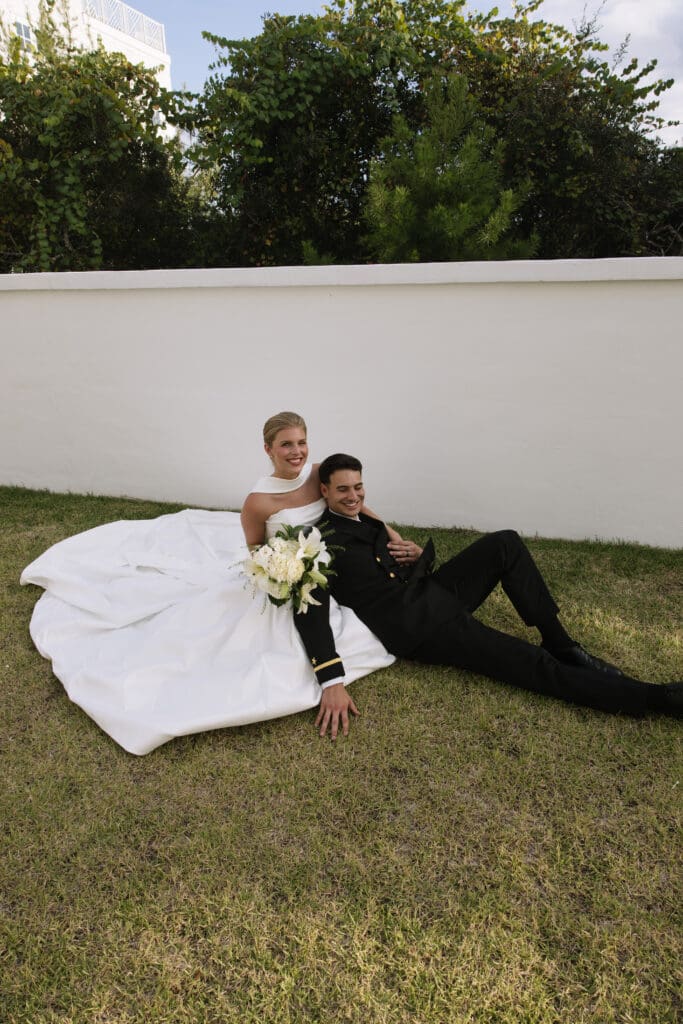 Bride and groom portraits at a backyard beach wedding in Rosemary Beach, Florida