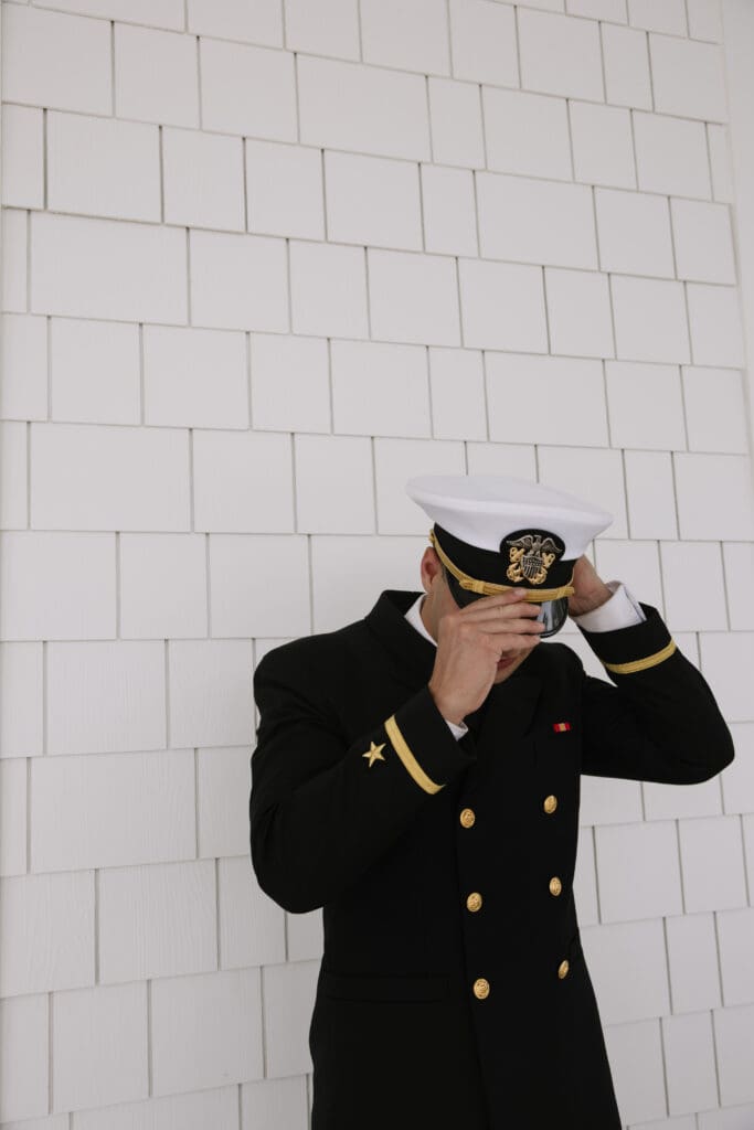 Navy groom at a backyard beach wedding in Rosemary Beach, Florida